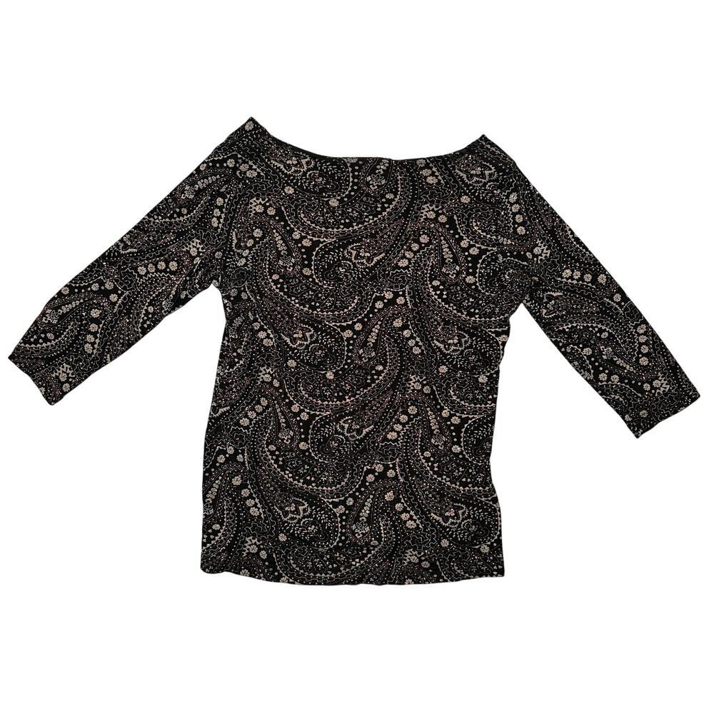 BAY STUDIO Half Sleeve Top M Black Beige Paisley Glitter - Picture 3 of 5